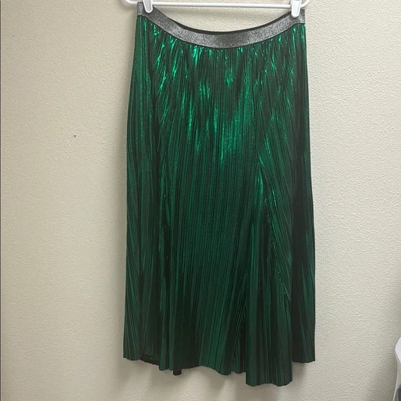 Anthropologie Seen WORN Kept Emerald Green Pleated Metallic Midi Skirt - Picture 2 of 5